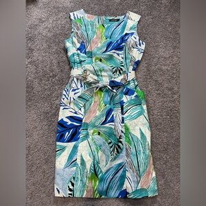 Ellen Tracy Leaf Print Midi Dress - Blue, Green, White